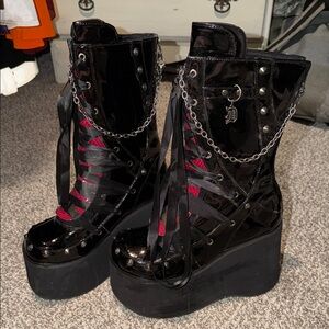 Black Platform Lace-Up Boots with Chains Demonia